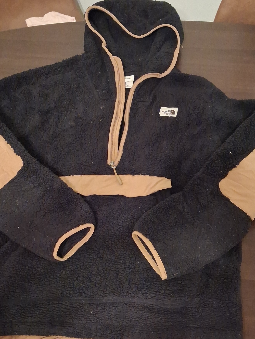 The North Face Men’s Black Sherpa Half-Zip Hoodie with Tan Accents